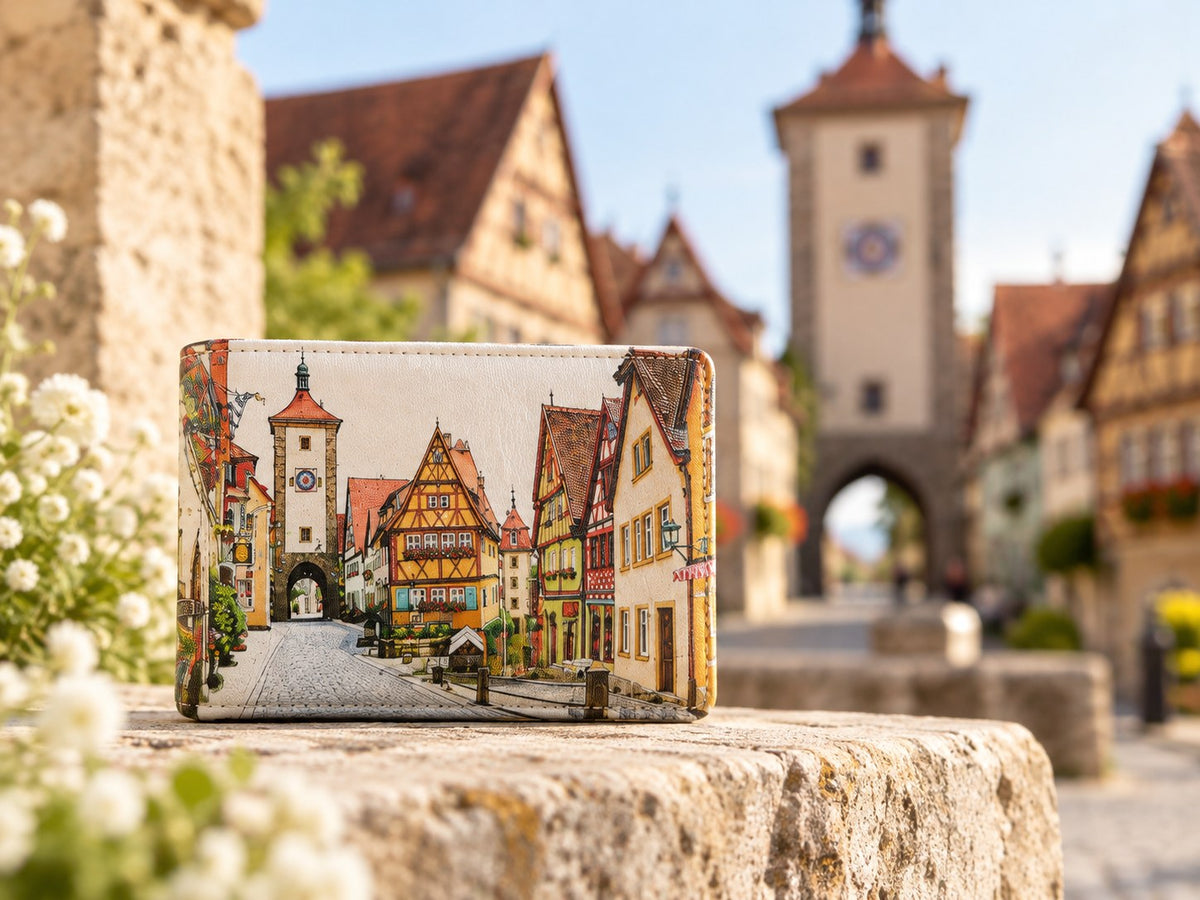 Lederbörse mit gedrucktem Stadtmotiv vor der Altstadt von Rothenburg ob der Tauber