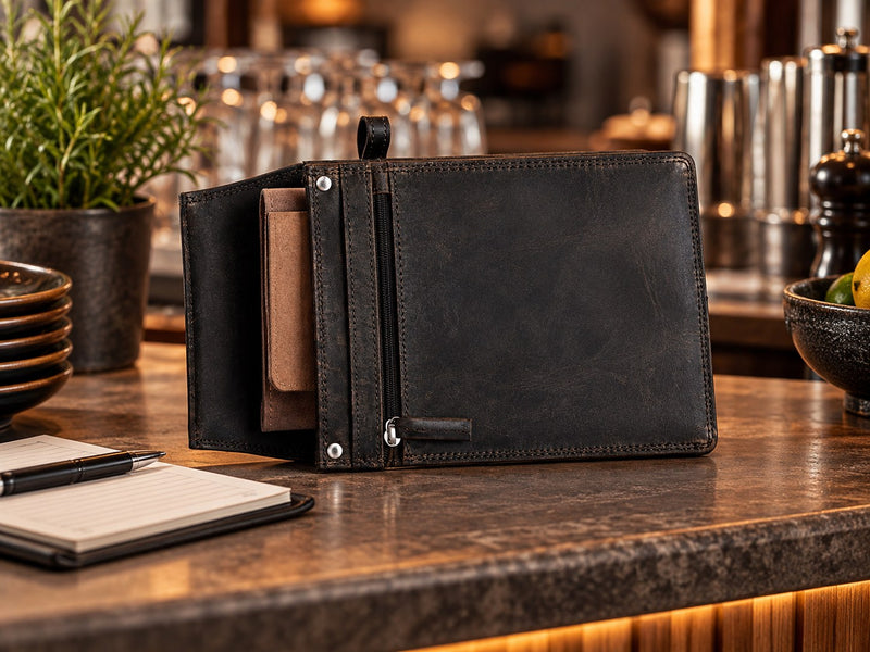 Kellnerbörse aus dunklem Leder mit Notizblock an der Bar