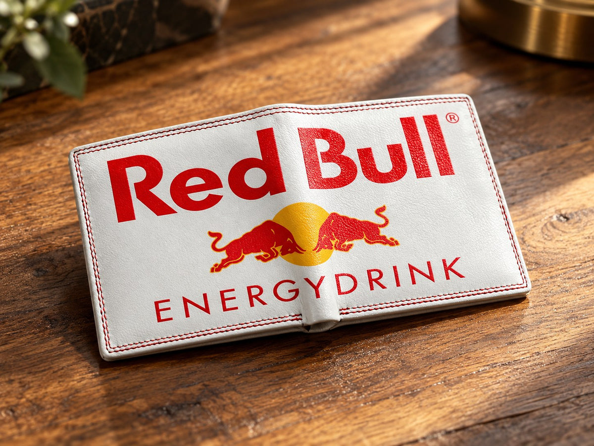 Aufgeschlagene Geldbörse aus hellem Leder mit Red-Bull-Motiv über die ganze Fläche
