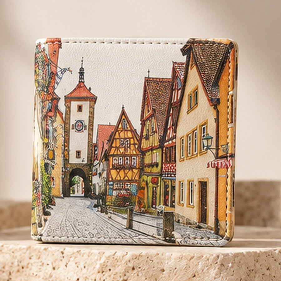 Lederbörse mit gedrucktem Stadtmotiv von Rothenburg ob der Tauber auf hellem Stein