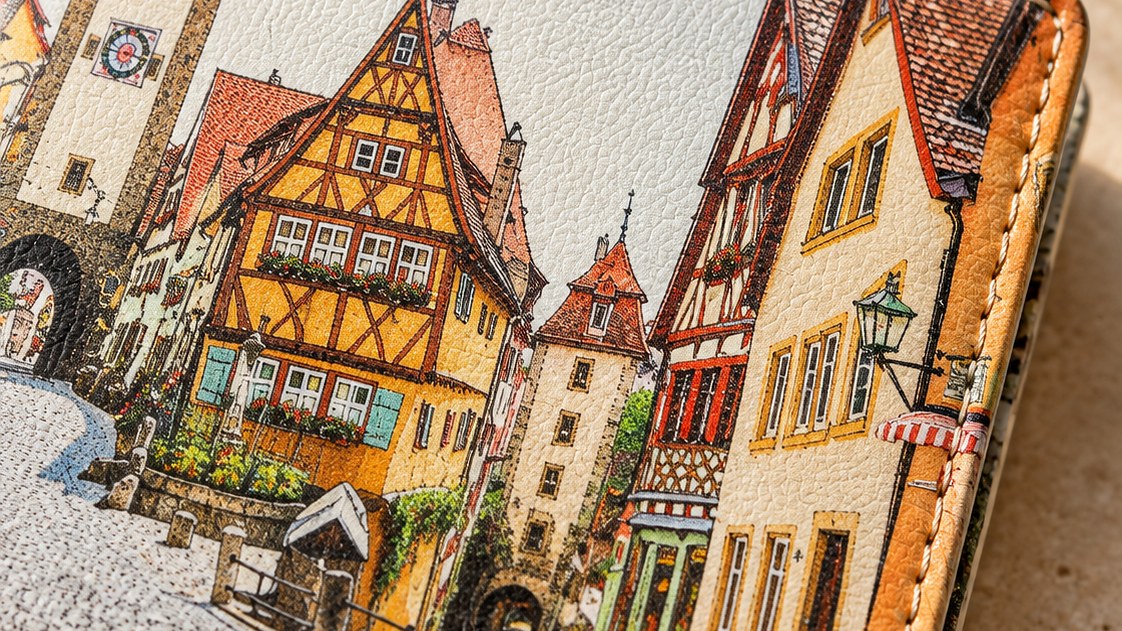 Mehrfarbdruck eines Stadtmotivs auf Leder, Nahaufnahme mit sichtbarer Narbung