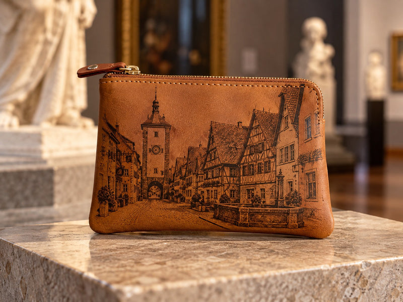 Lederetui mit graviertem Stadtmotiv auf einem Steinsockel in einem Museumssaal