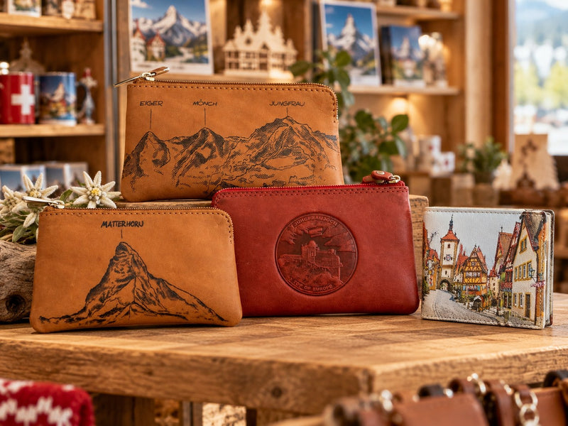 Vier Lederetuis und Börsen mit Orts- und Bergmotiven in der Auslage eines Souvenirgeschäfts
