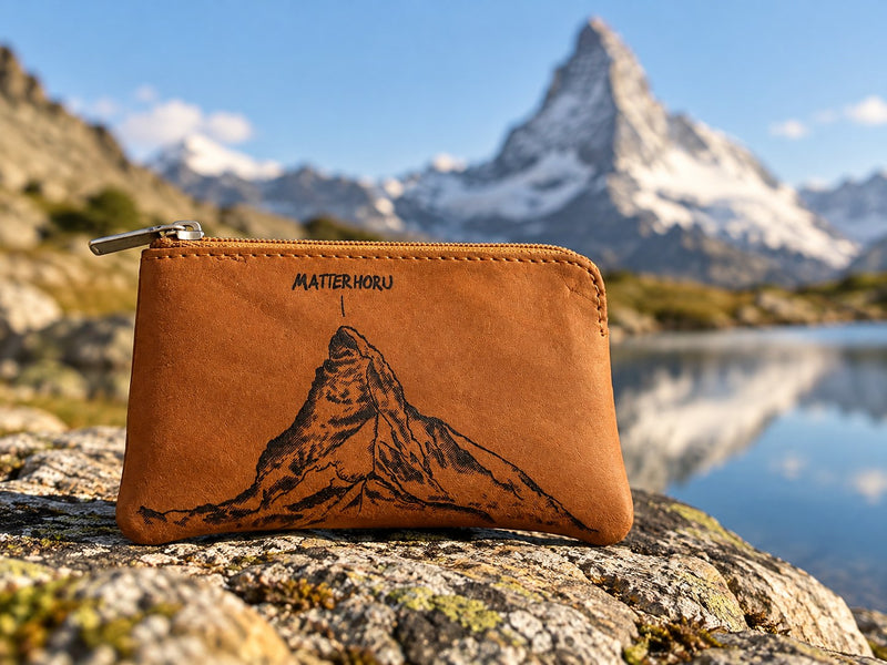 Lederetui mit gravierter Matterhorn-Silhouette auf einem Fels vor Bergsee und Matterhorn